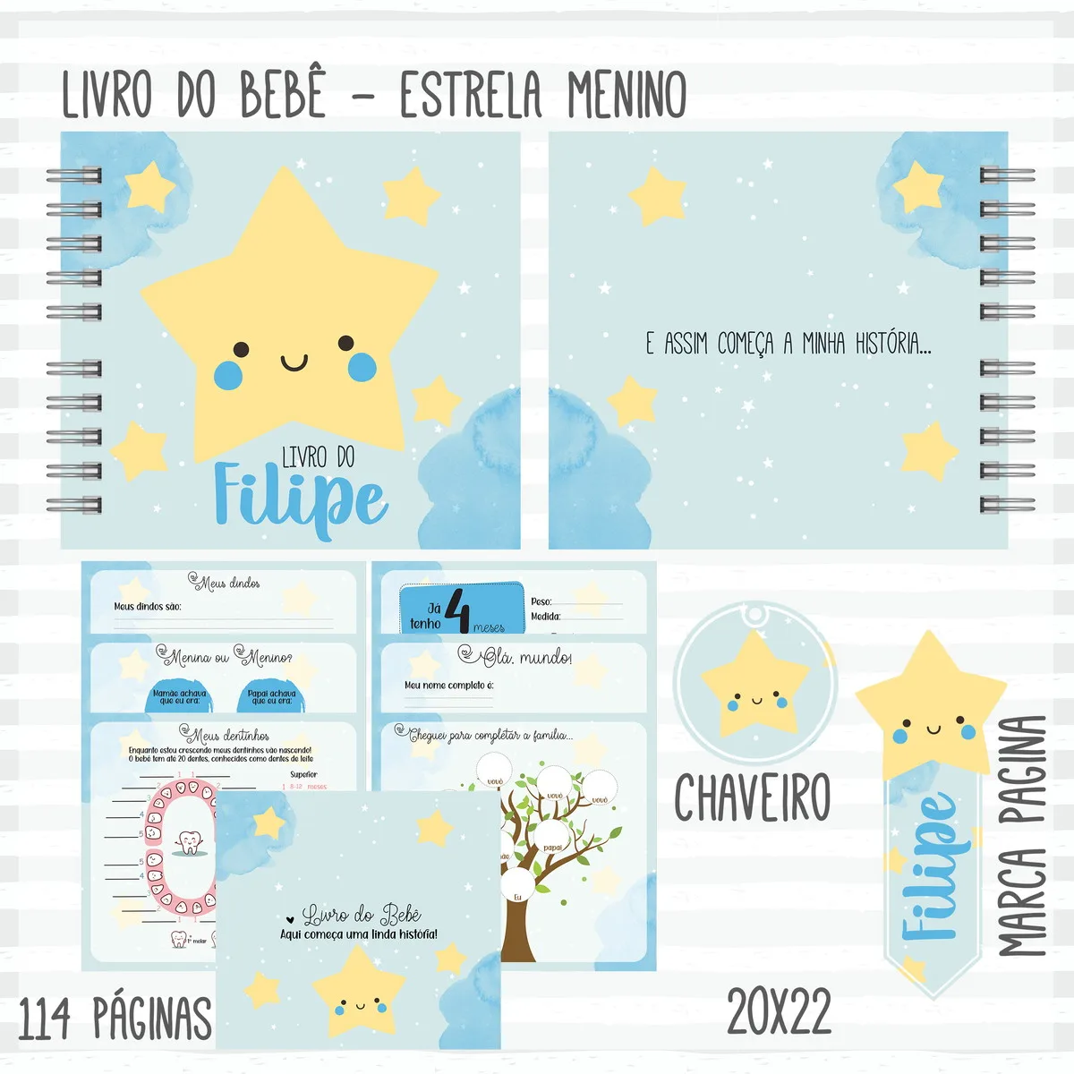 Arte digital de um livro do bebê com tema de estrela, nuvens azuis e um nome personalizado.