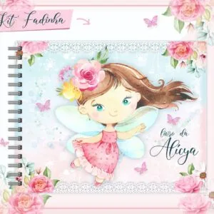 Capa de caderno encadernado com ilustração de fadinha e flores em tons pastéis.