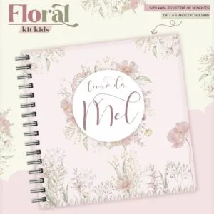 Capa de caderno infantil com espirais pretas e estampa floral delicada em tons pastel.