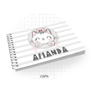 Livro do Bebê Gatinha Digital para Imprimir e Presentear 5 Arte digital de capa com gato fofo, laço rosa, listras e espiral.