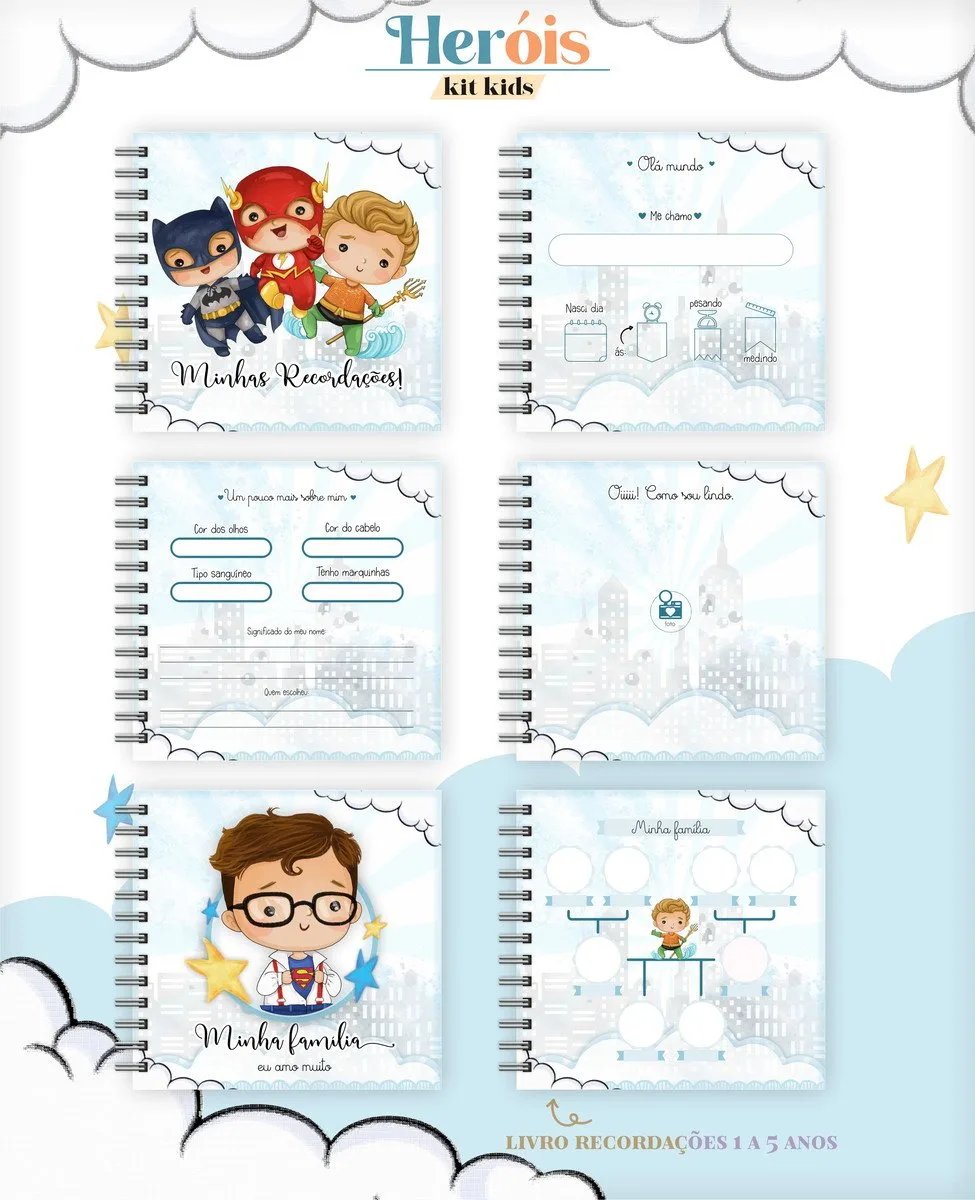 Livro do Bebê Heróis Cute 2 Apresentação de páginas de um livro infantil com ilustrações de super-heróis bebês.