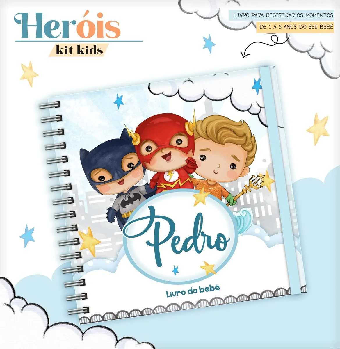 Livro do Bebê Heróis Cute 1 Capa de livro de bebê personalizada com ilustrações de super-heróis infantis.