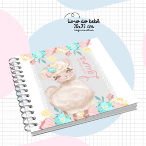 Livro do Bebê Lhama Digital 96 Páginas para Personalizar 3 Arte digital de livro do bebê com lhama fofa e flores coloridas.