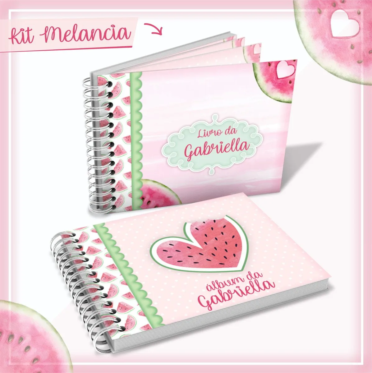 Livro Do Bebê Melancia 2 Dois cadernos espiralados com estampa de melancia e tons de rosa e verde.
