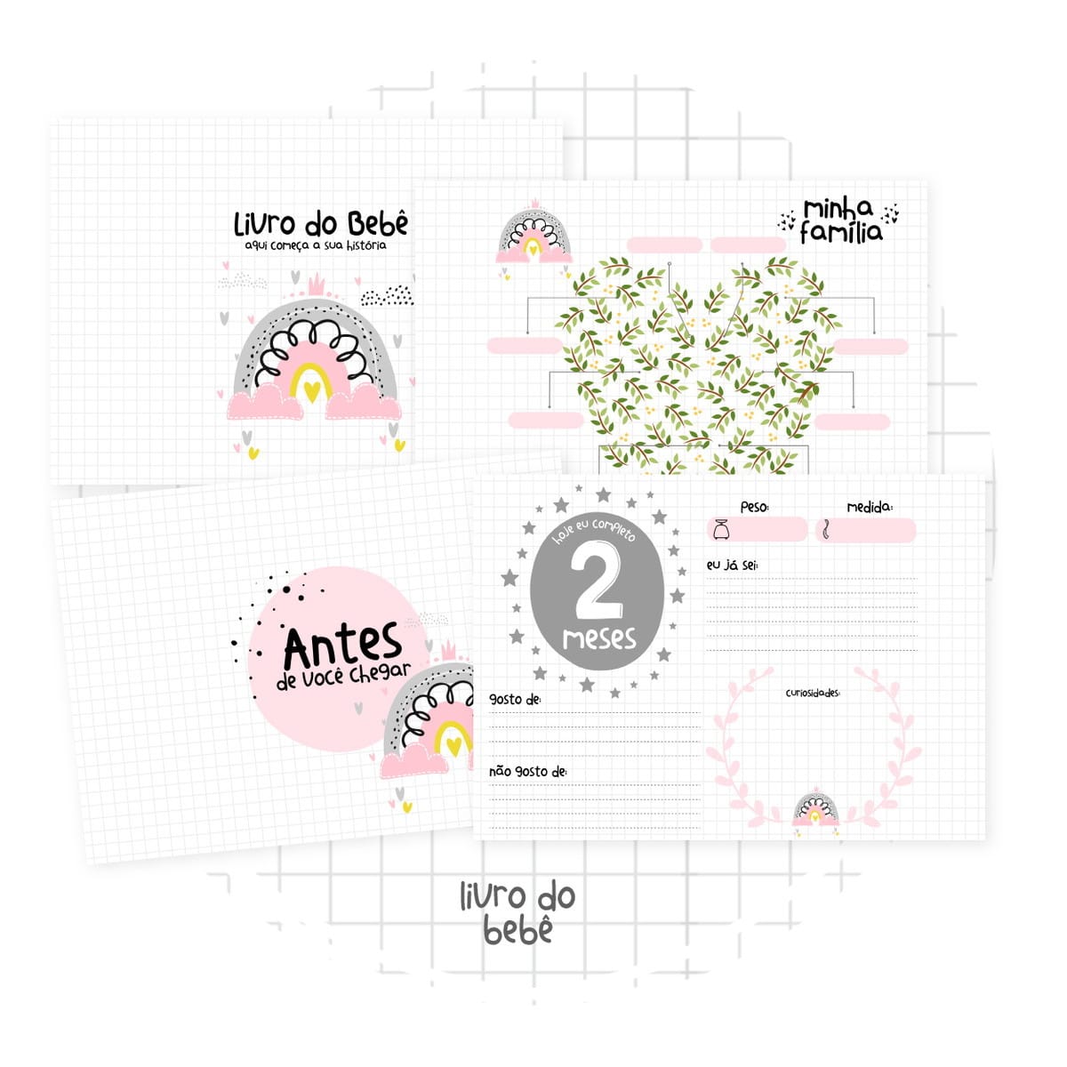 Livro do Bebê Menina Arco Íris Digital Personalizável 2 Páginas impressas com temas infantis, desenhos de arco-íris, corações e campos para preencher informações.