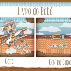 Capa e contracapa de livro infantil com tema de aviador e menino voando