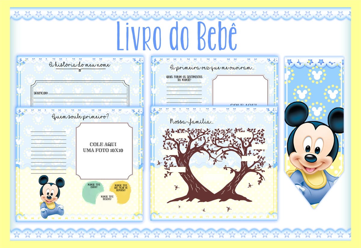 Livro do Bebê Mickey Baby Arquivo Digital Editável 2 Arte digital de páginas de livro do bebê em azul claro com personagem infantil e seções para preencher.