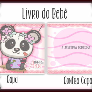 Capa e contra capa de livro do bebê com ilustração de panda em rosa.