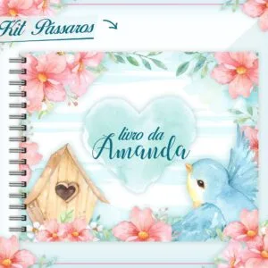 Capa de caderno personalizada com ilustrações em aquarela de pássaro, casinha e flores.