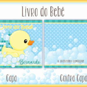 Capa e contra capa de livro de bebê com patinho amarelo e bolhas.