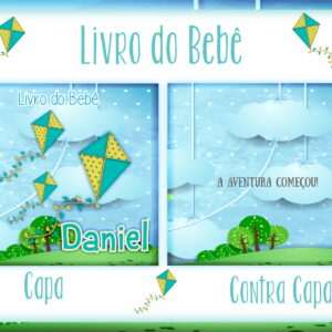 Livro do Bebê Pipa Digital Personalizável 8 Capa e contra capa de livro de bebê com tema de pipas coloridas e nuvens