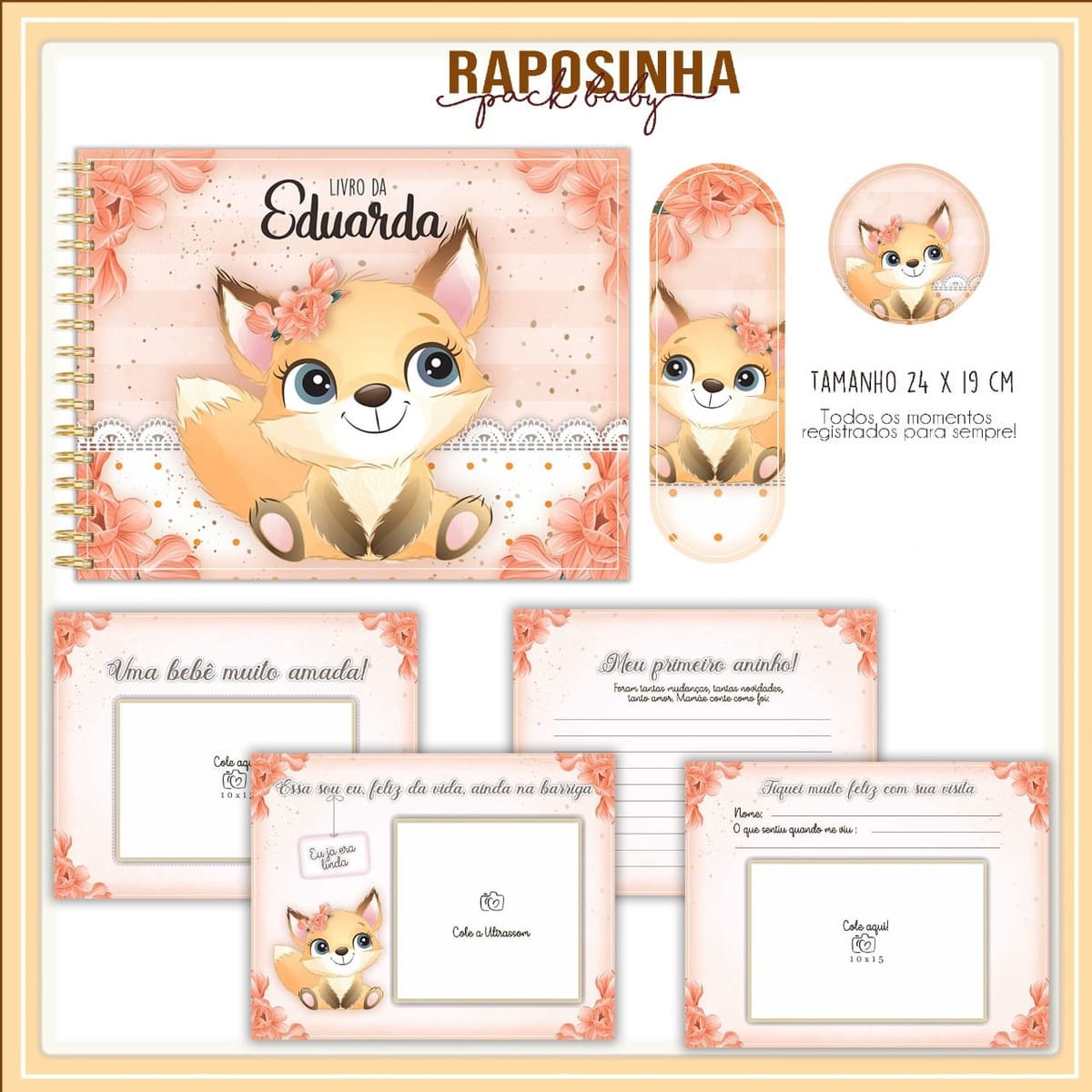 Livro do Bebê Raposinha Menina Kit Digital para Imprimir 1 Arte digital de livro de bebê com tema de raposa e flores laranjas