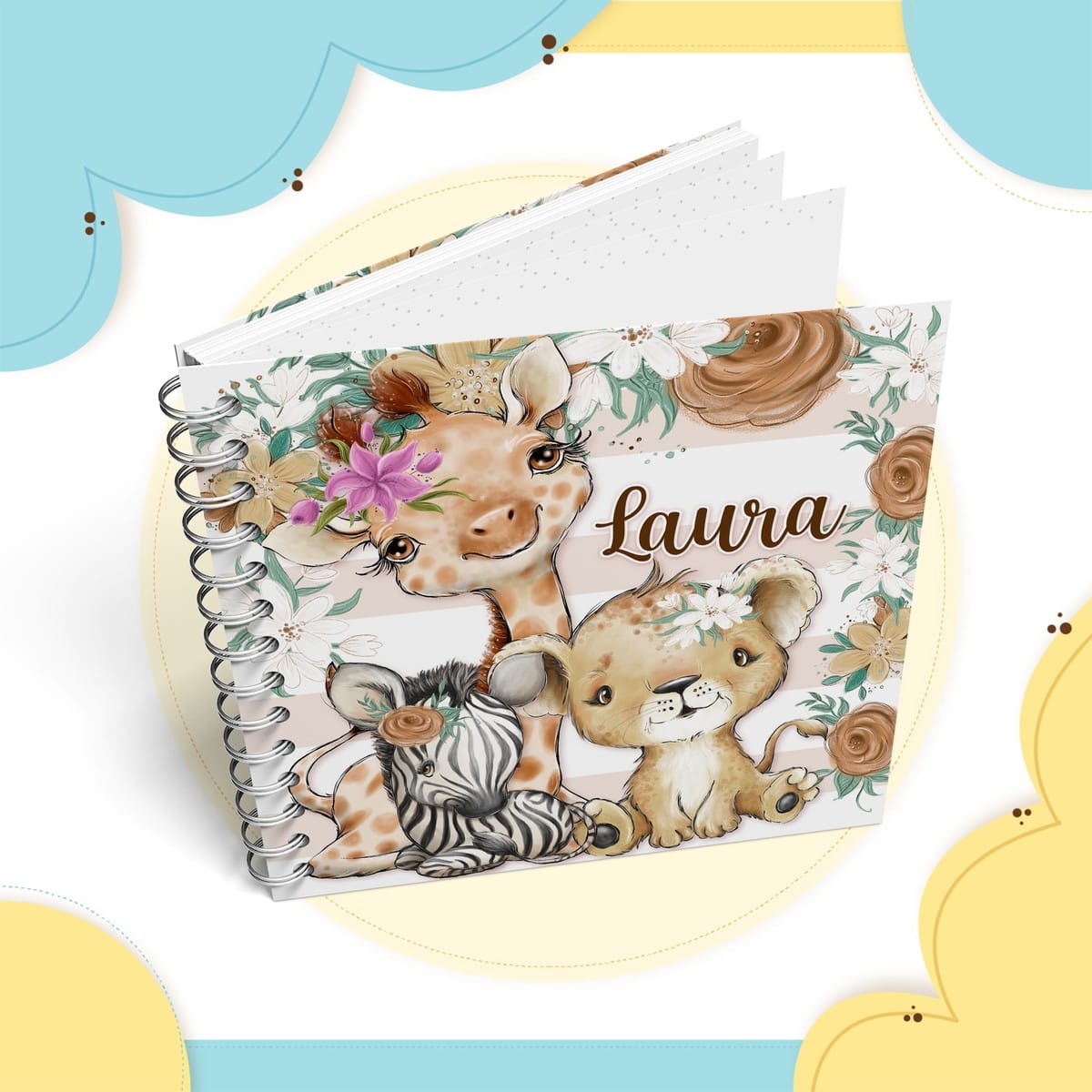 Livro do Bebê Safari Menina Digital para Editar e Imprimir 2 Caderno espiral com capa ilustrada com animais selvagens fofos e flores.