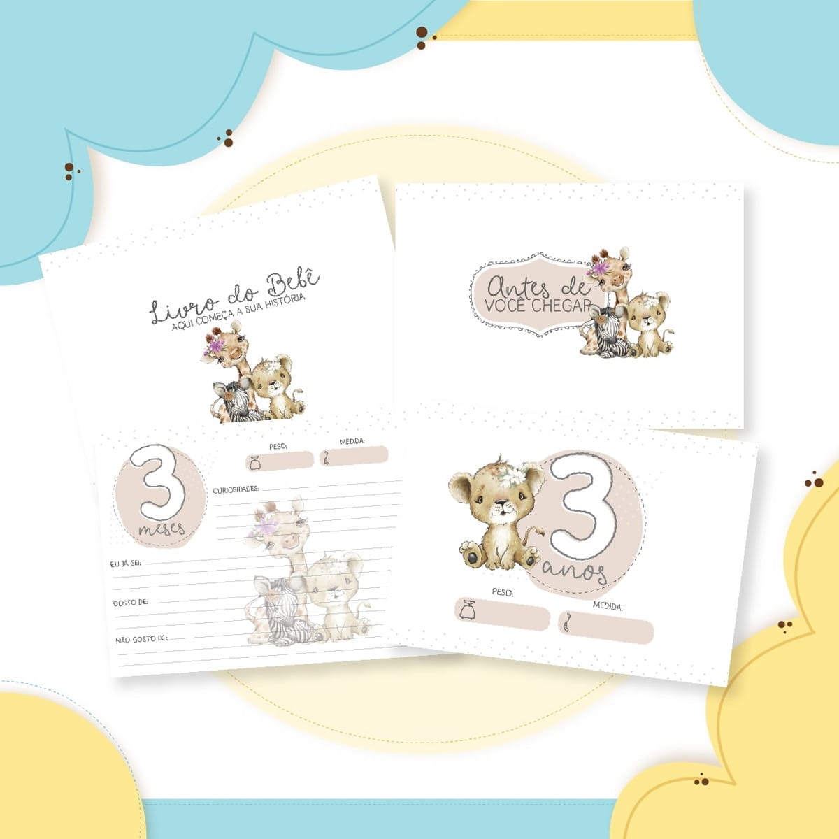 Livro do Bebê Safari Menina Digital para Editar e Imprimir 3 Páginas ilustradas de um livro de bebê com animais fofos