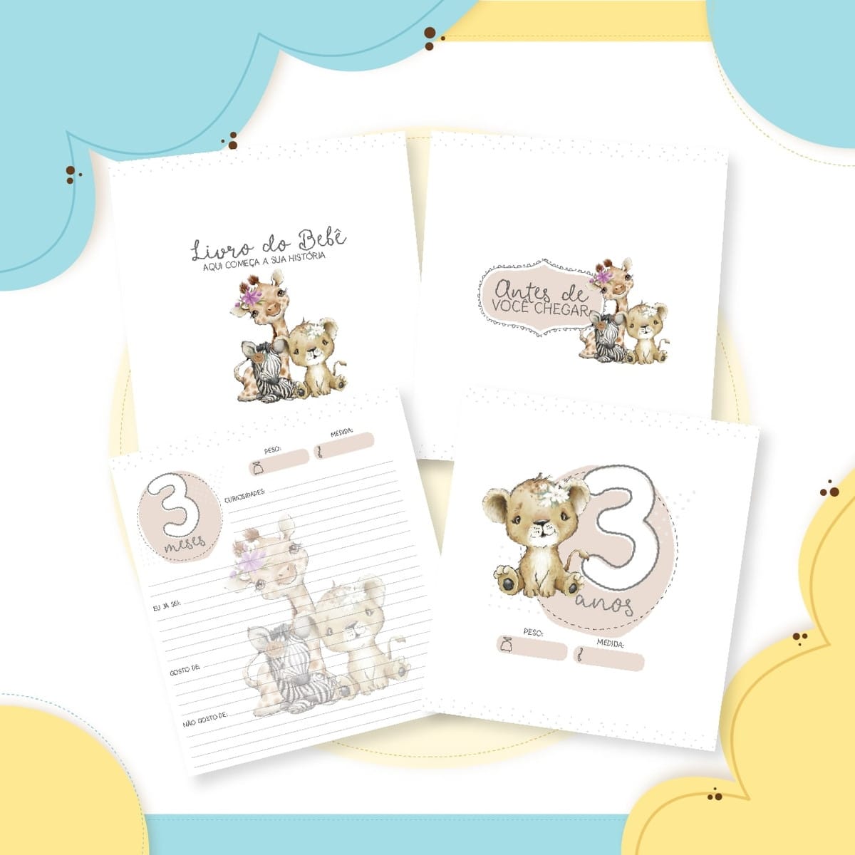 Livro do Bebê Safari Menina Digital para Editar e Imprimir 4 Páginas ilustradas de um livro de bebê com desenhos de animais fofos.