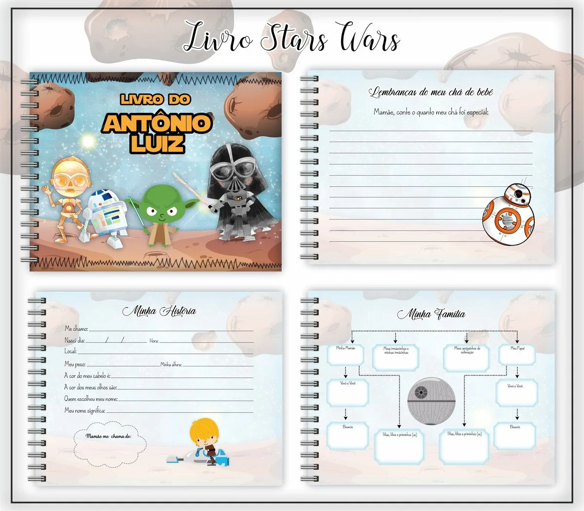 Imagens de um caderno personalizado com ilustrações temáticas de personagens espaciais e textos.