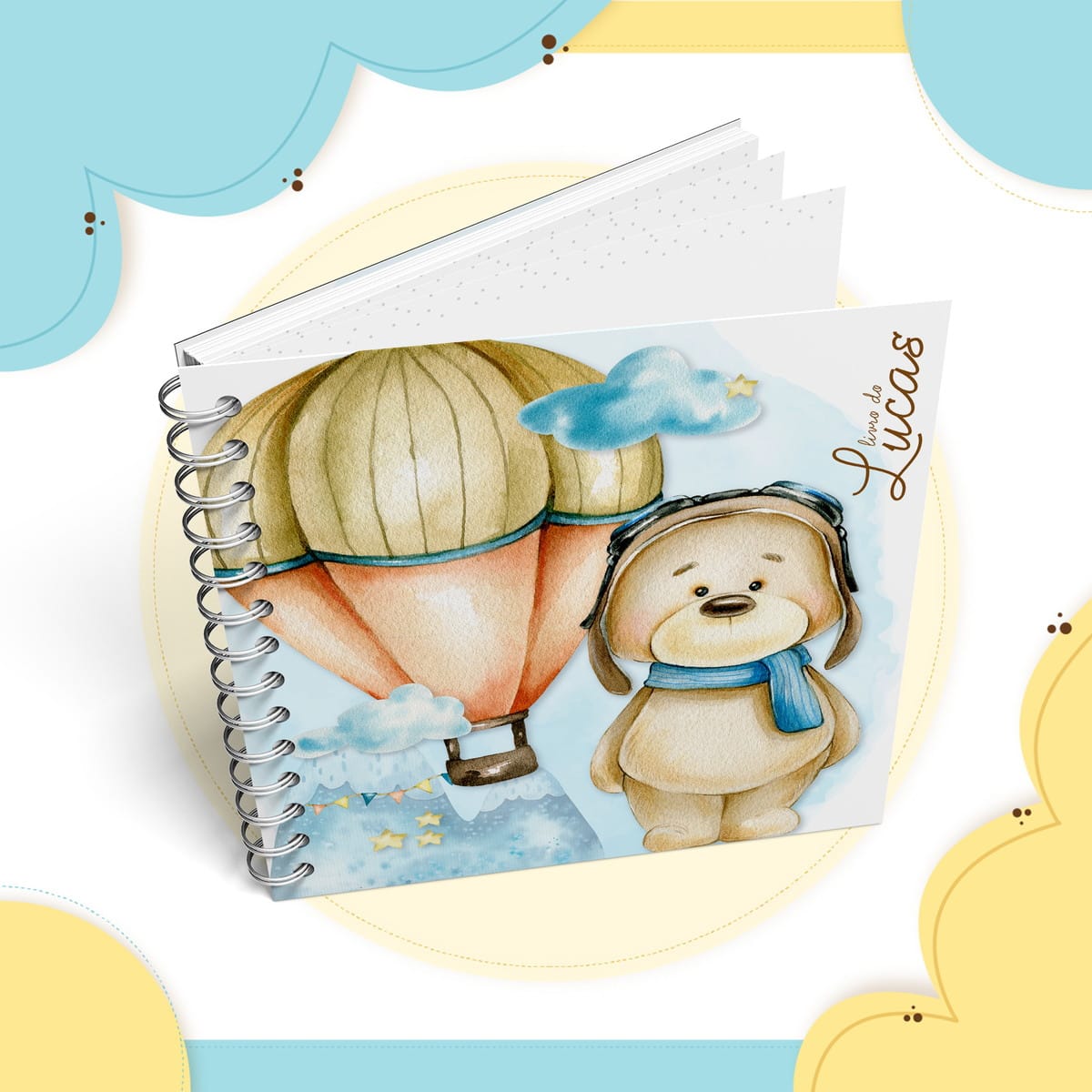 Livro do Bebê Ursinho Baloeiro Digital para Imprimir 2 Caderno de capa dura espiral com ilustração infantil de urso aviador e balão.
