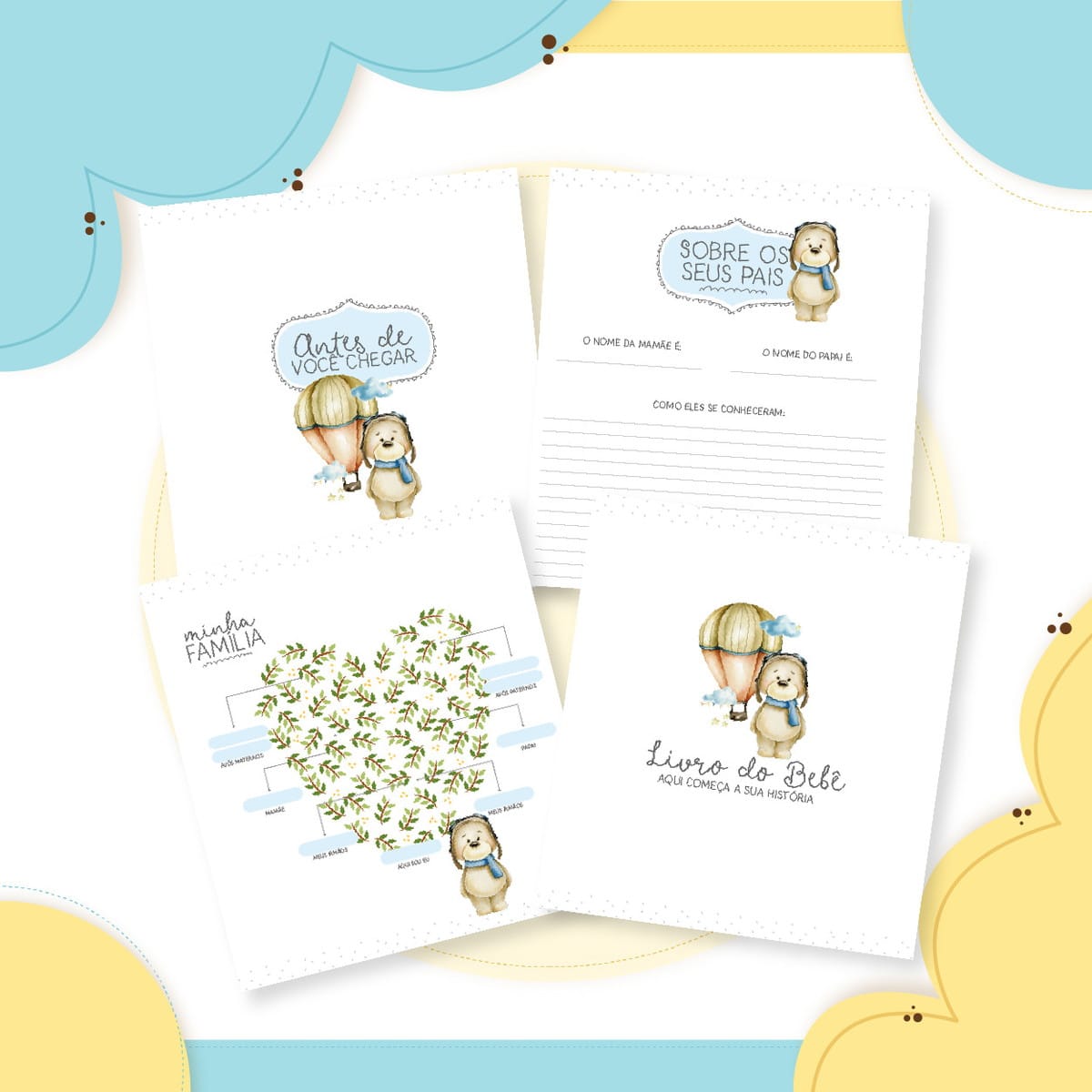 Livro do Bebê Ursinho Baloeiro Digital para Imprimir 3 Páginas ilustradas de um livro de bebê com ursinho, balão e árvore genealógica.