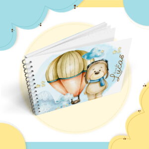 Caderno espiral horizontal ilustrado com ursinho e balão de ar quente