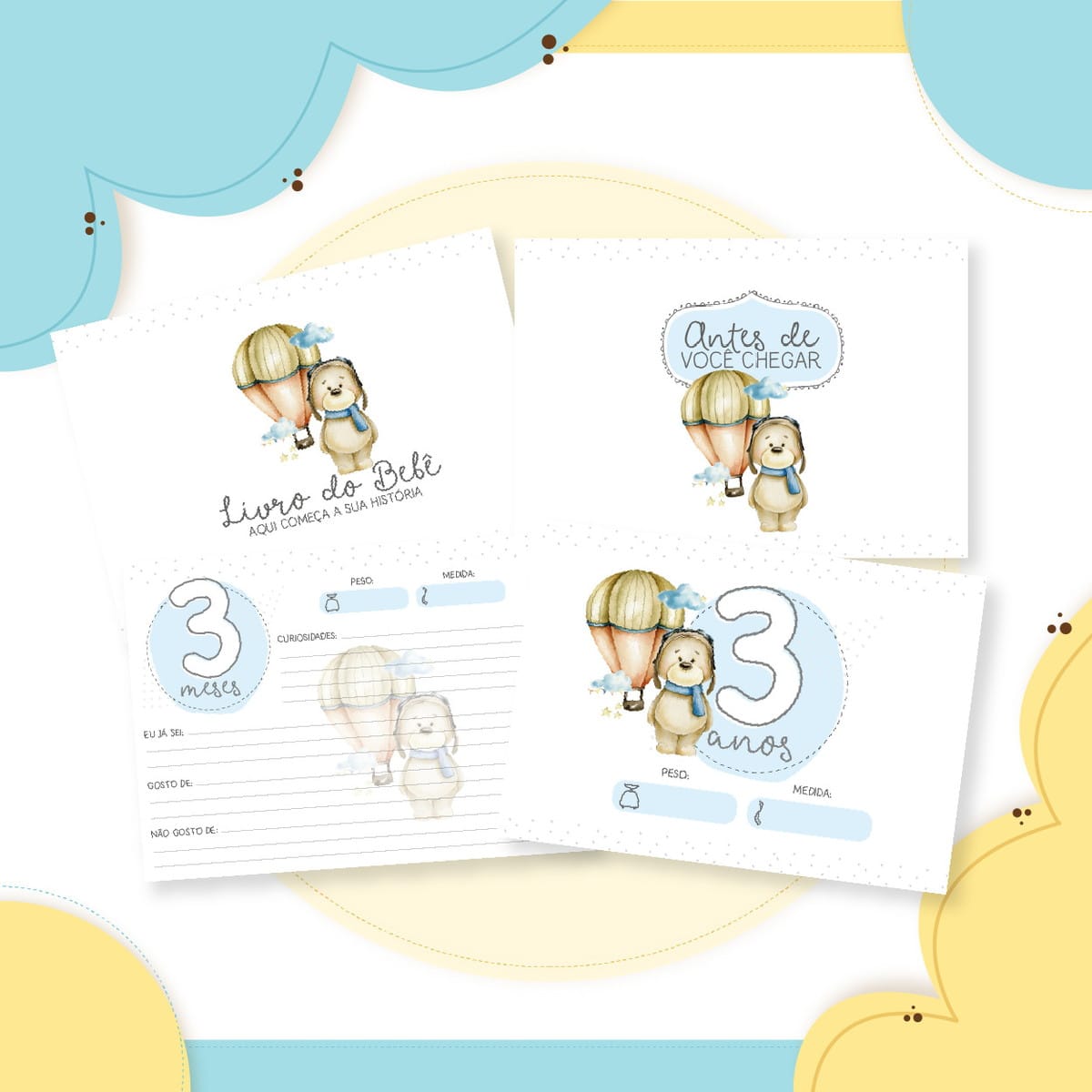 Livro do Bebê Ursinho Baloeiro Digital para Imprimir 4 Páginas ilustradas de livro de bebê com ursinho de pelúcia e balão