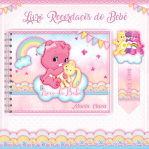 Livro do Bebê Ursinhos Carinhosos Digital Personalizável 16 Arte digital de livro de recordações do bebê, tema rosa com urso e marcador.