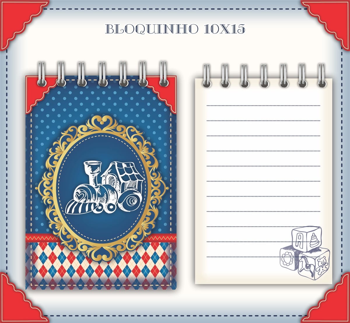 Livro do Bebê Vintage Arquivo Digital Personalizável 2 Capa e página interna de um bloquinho espiralado com tema infantil.