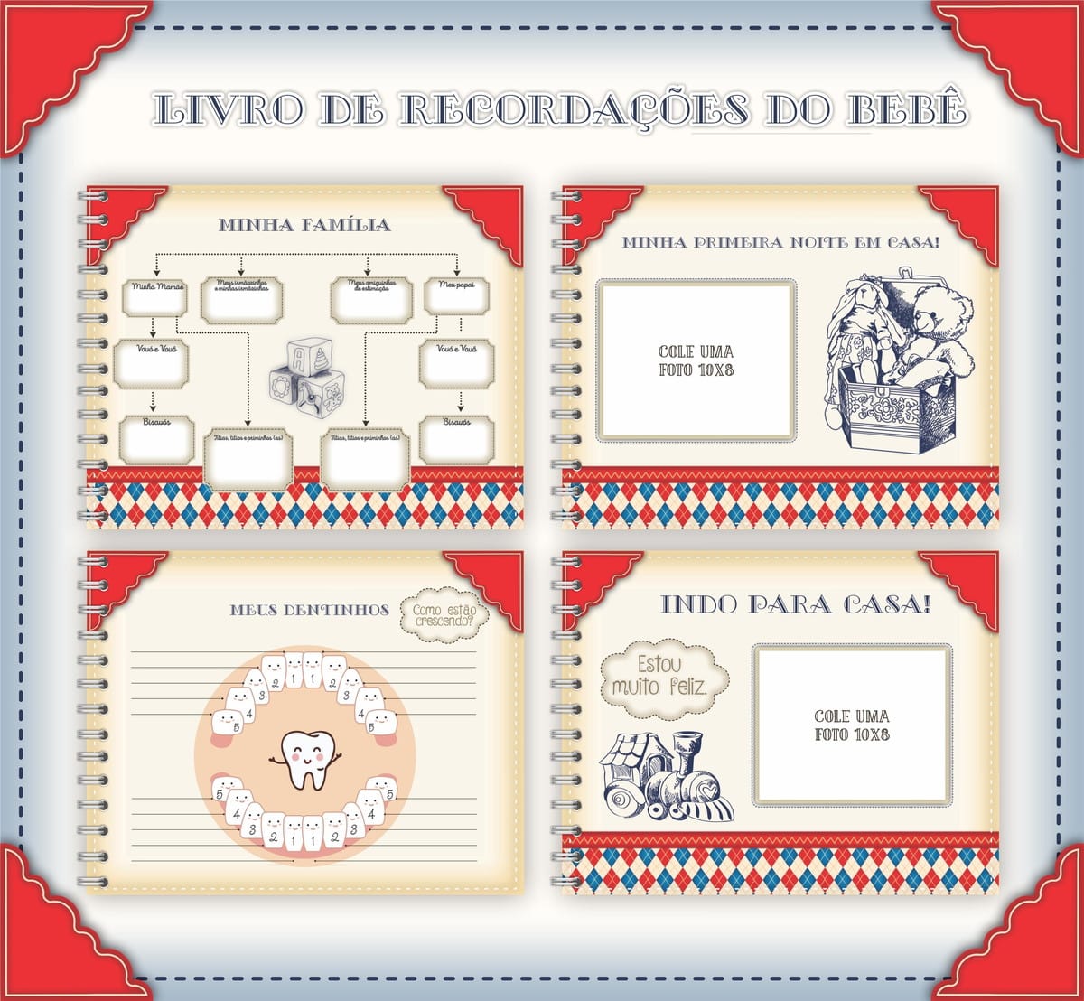 Livro do Bebê Vintage Arquivo Digital Personalizável 3 Páginas ilustradas de um livro de recordações do bebê com espaços para fotos.