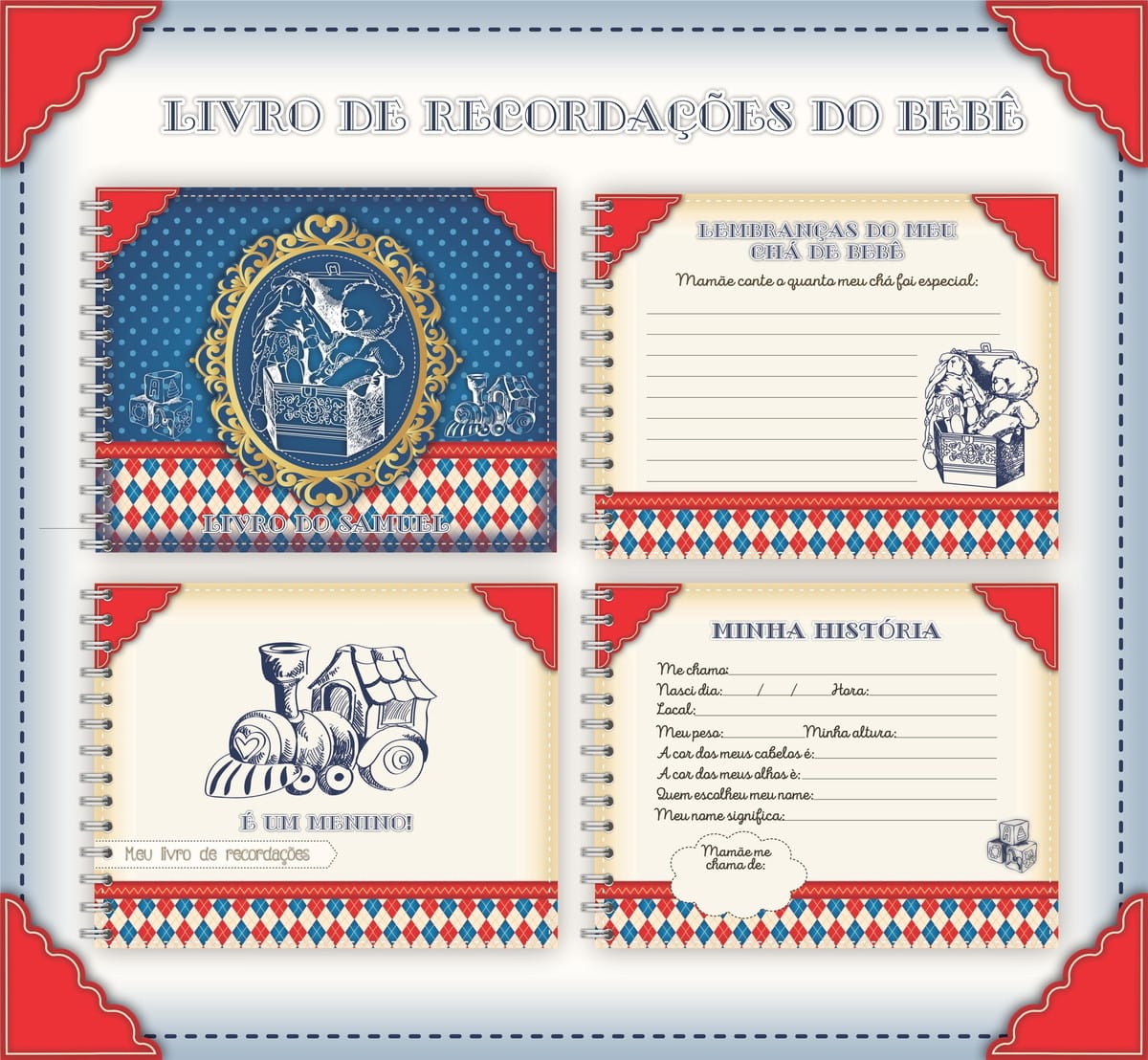 Livro do Bebê Vintage Arquivo Digital Personalizável 4 Ilustração de páginas de livro de recordações de bebê com temas variados.