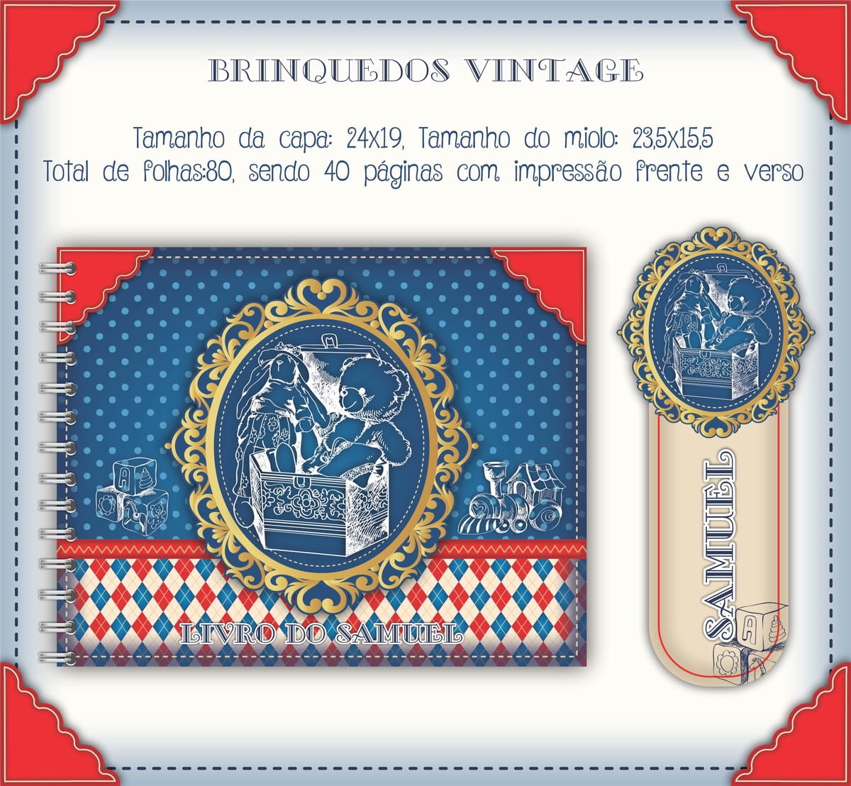 Livro do Bebê Vintage Arquivo Digital Personalizável 1 Arte digital de caderno com tema de brinquedos vintage e moldura dourada.