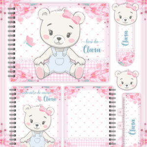 Kit digital com cadernos e régua decorados com urso e flores rosas.