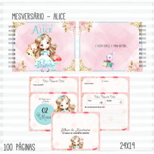 Livro Mêsversário Alice Rosa Digital para Álbum do Bebê 3 Arte digital de álbum de mesversário, com personagem de conto de fadas e coelho.