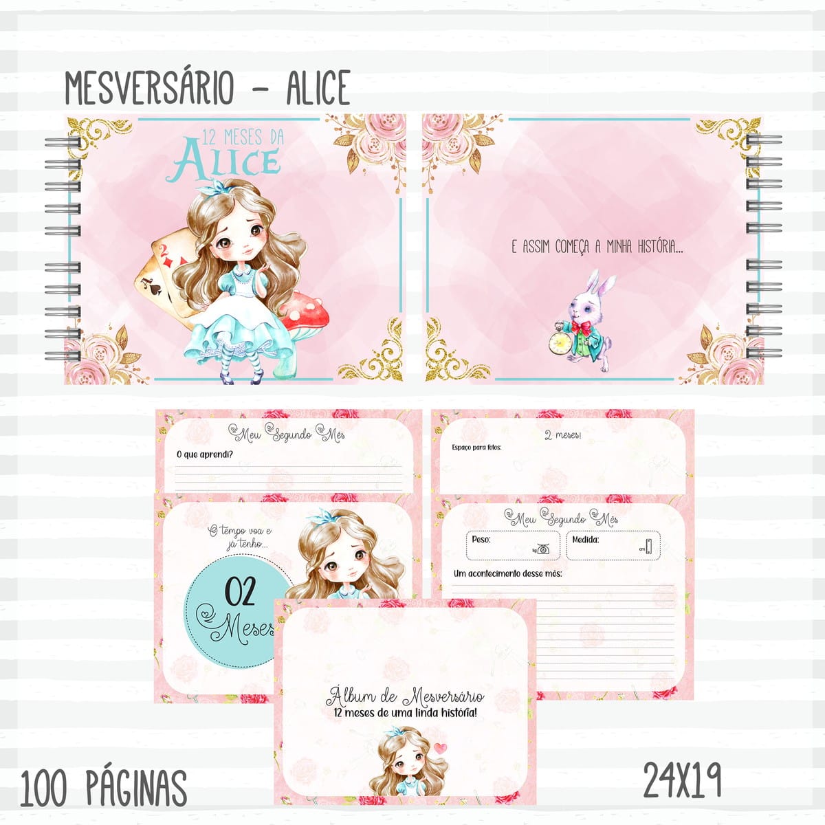 Livro Mêsversário Alice Rosa Digital para Álbum do Bebê 1 Arte digital de álbum de mesversário, com personagem de conto de fadas e coelho.