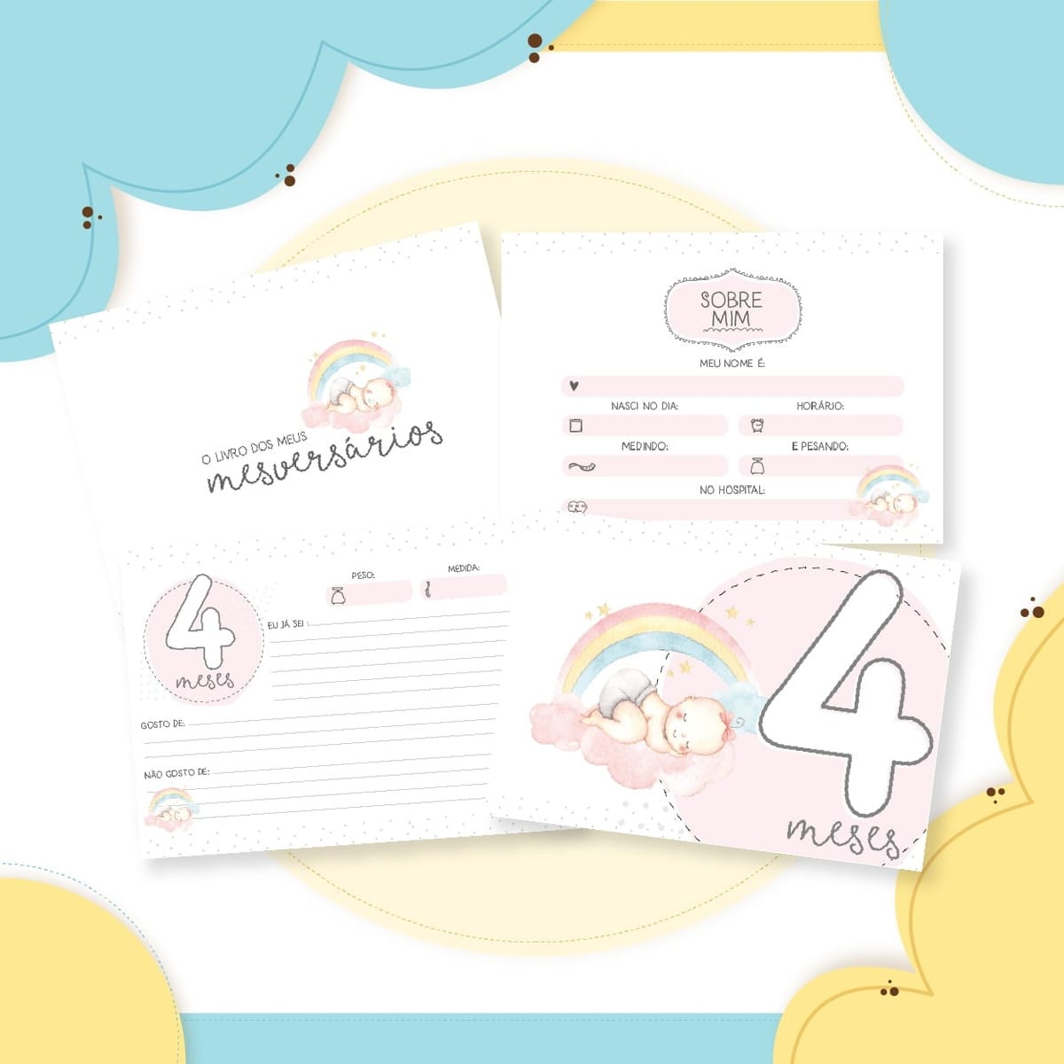 Livro Mêsversário Bebê Menina Arco Íris Digital Completo 2 Folhas de scrapbook infantil com ilustrações de bebês, arco-íris e campos para preencher dados.