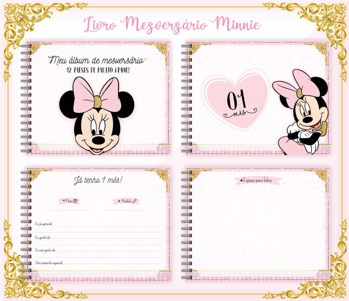 Livro Mesversário Minnie Digital com 100 Páginas em PDF 2 Apresentação de páginas de um livro rosa personalizado com tema infantil.