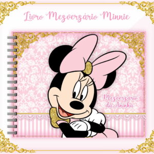 Livro Mesversário Minnie Digital com 100 Páginas em PDF 7 Capa de caderno rosa com ilustração de personagem infantil e detalhes dourados.