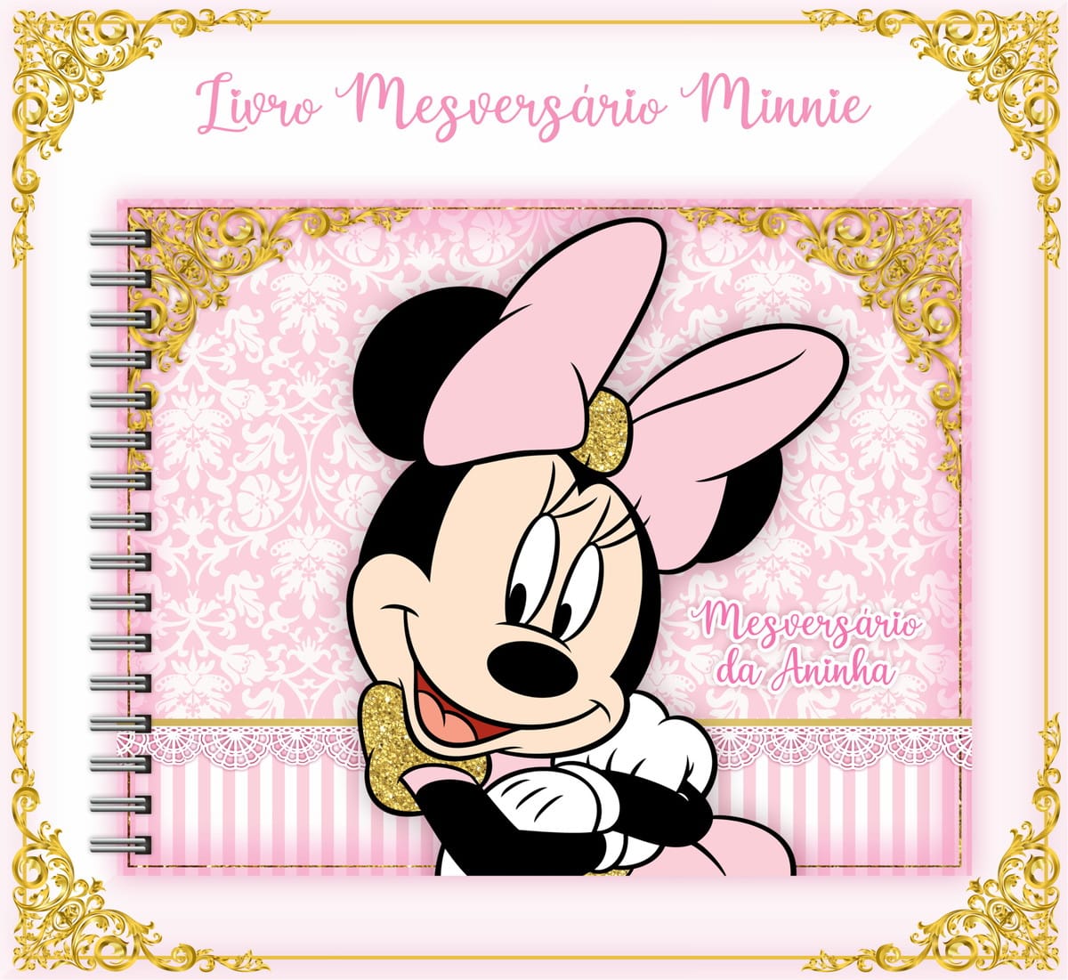 Livro Mesversário Minnie Digital com 100 Páginas em PDF 1 Capa de caderno rosa com ilustração de personagem infantil e detalhes dourados.