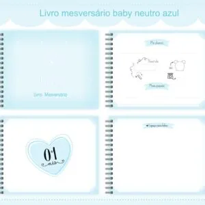 Livro Mesversário Neutro Azul Menino 14 Livro Mesversário Neutro Azul Menino