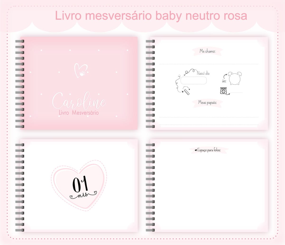 Livro Mesversário Neutro Rosa Digital para Imprimir 1 Livro Mesversário Neutro Rosa Digital para Imprimir