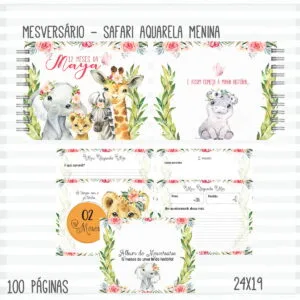 Livro Mêsversário Safari Aquarela Menina 11 Livro Mêsversário Safari Aquarela Menina