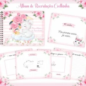 Kit de arte digital para álbum de recordações com temática de coelha e rosas.