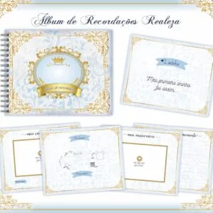 Livro Recordações Bebê Realeza 28 Conjunto de páginas de álbum infantil com molduras douradas e detalhes em tons azuis.