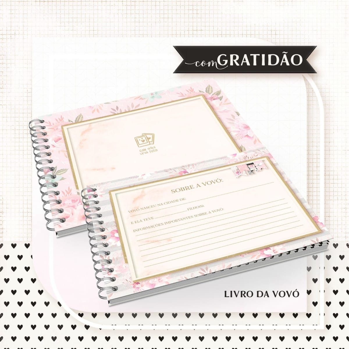 Livro Vovó Arquivo Digital Com Mensagens Para Scrapbooking 3 Dois cadernos espiralados com estampa floral rosa e páginas internas com linhas para anotações.