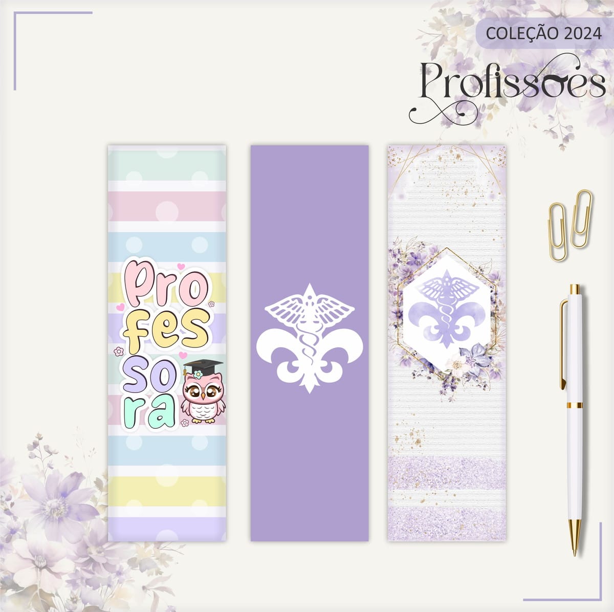 Marca Páginas Professores Kit Digital Editável PNG PDF 1 Três artes digitais para marcadores de página com temas de profissões.