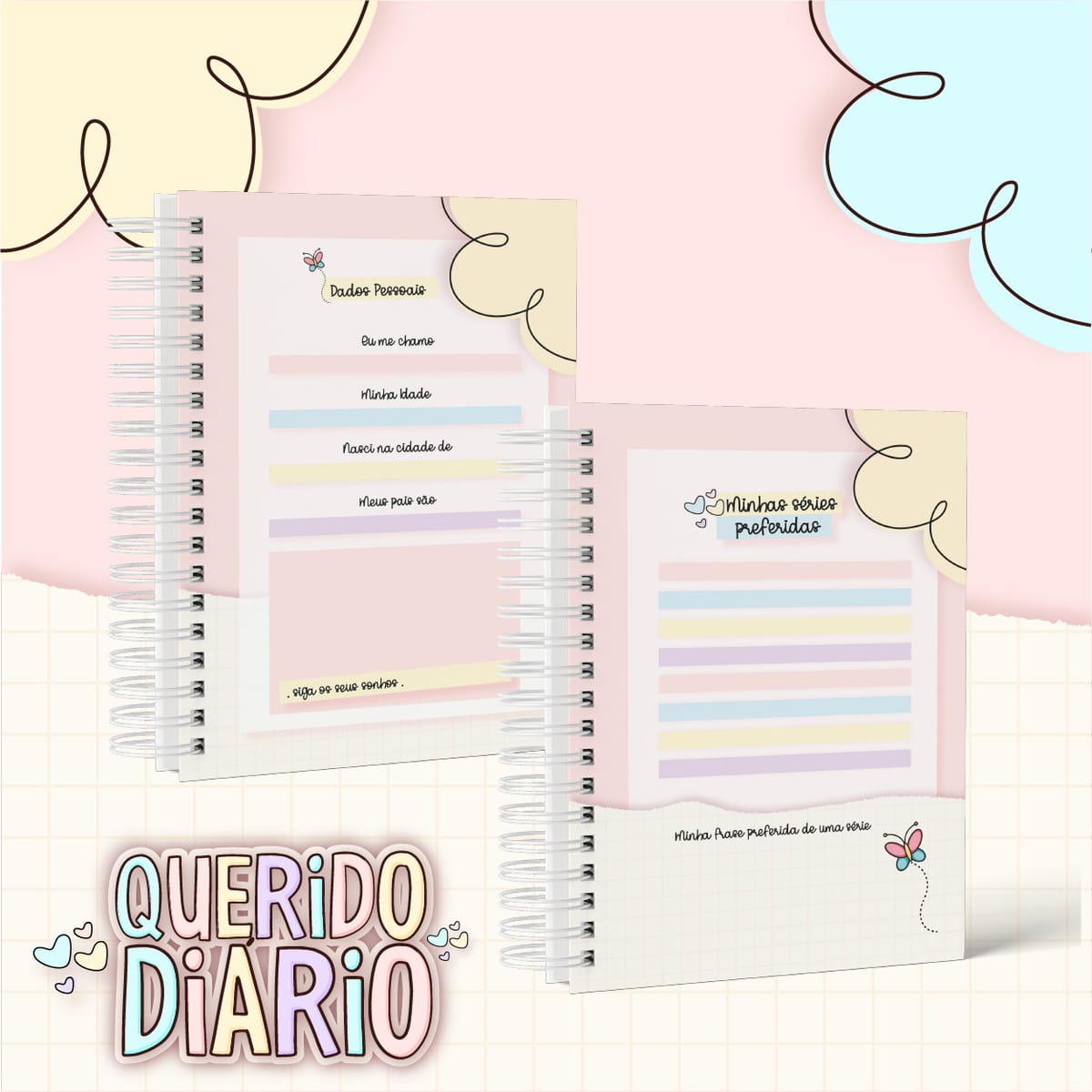 Kit Diário Menina Digital Personalizável para Imprimir 2 Dois diários digitais abertos com páginas de dados pessoais e séries favoritas, em tons pastel.