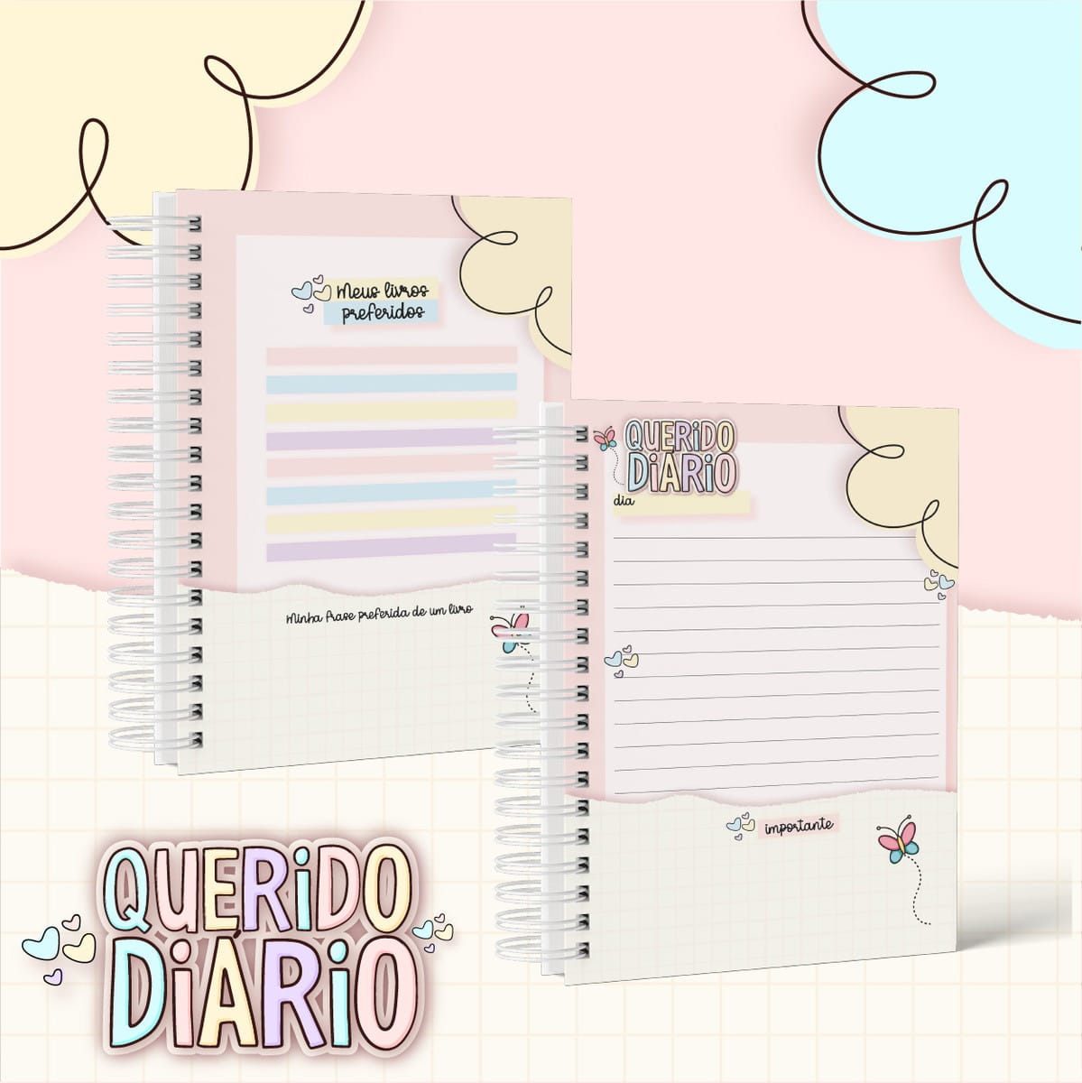 Kit Diário Menina Digital Personalizável para Imprimir 3 Arte digital de dois cadernos abertos com espiral, design pastel e elementos fofos.