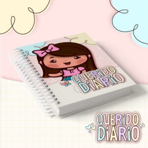 Kit Diário Menina Digital Personalizável para Imprimir 17 Arte digital de diário com capa rosa, menina sorridente e texto 'Querido Diário'.