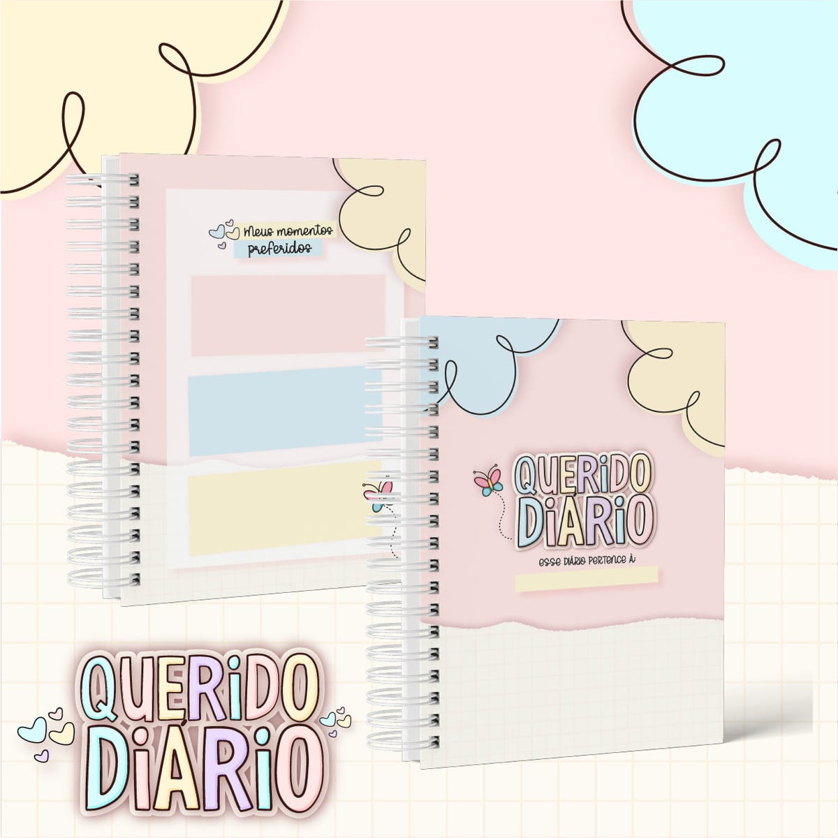 Kit Diário Menina Digital Personalizável para Imprimir 4 Diários digitais pastel, um aberto com páginas coloridas, outro fechado com título "Querido Diário".