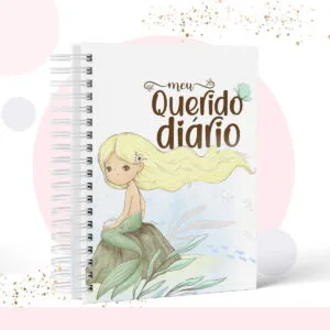 Meu Querido Diário Menina - Modelo 5 13 Capa de caderno em espiral com ilustração de sereia loira sentada sobre pedra.