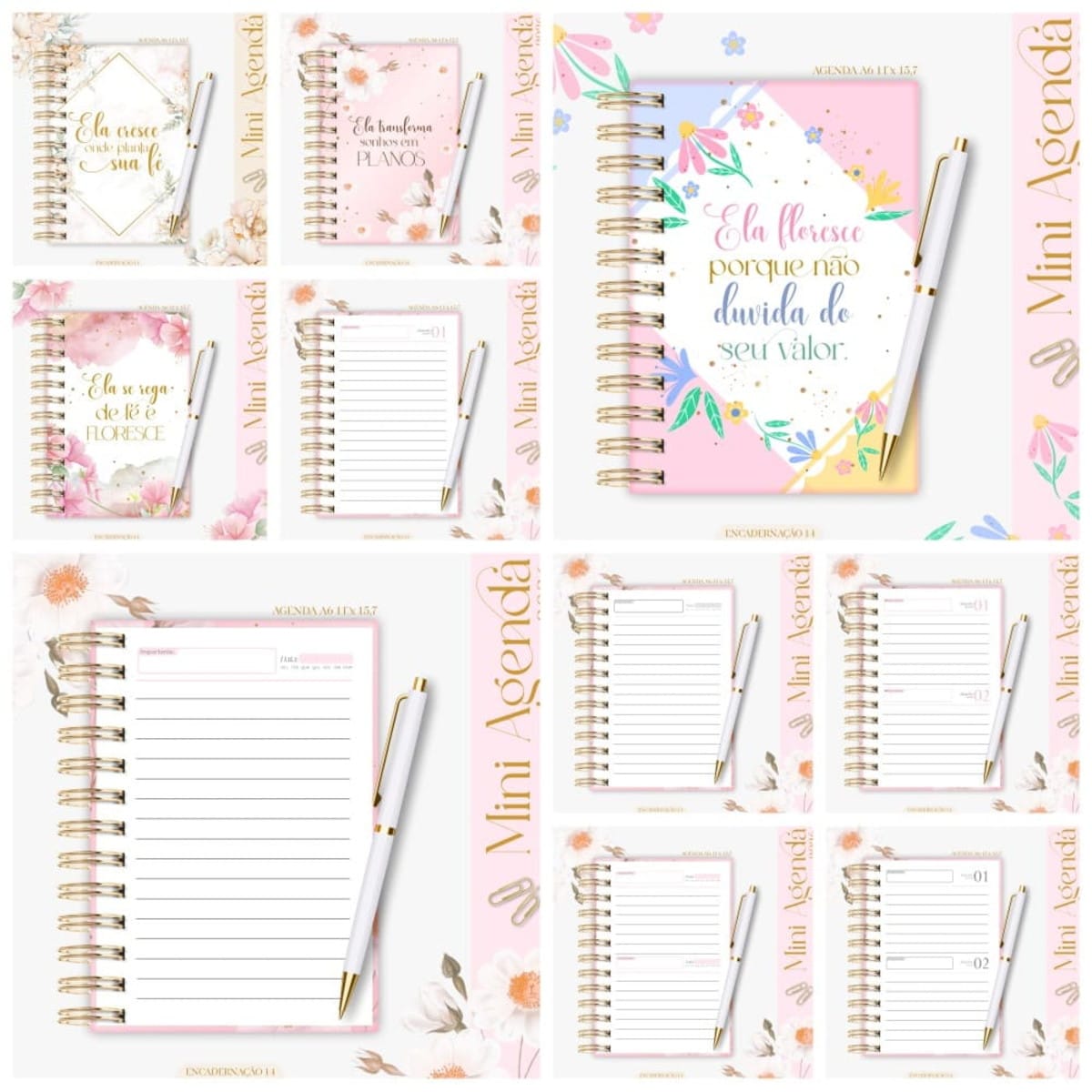 Mini Agenda A6 2026 Digital Kit Completo para Imprimir 1 Apresentação de várias agendas espiraladas com capas floridas e canetas brancas.