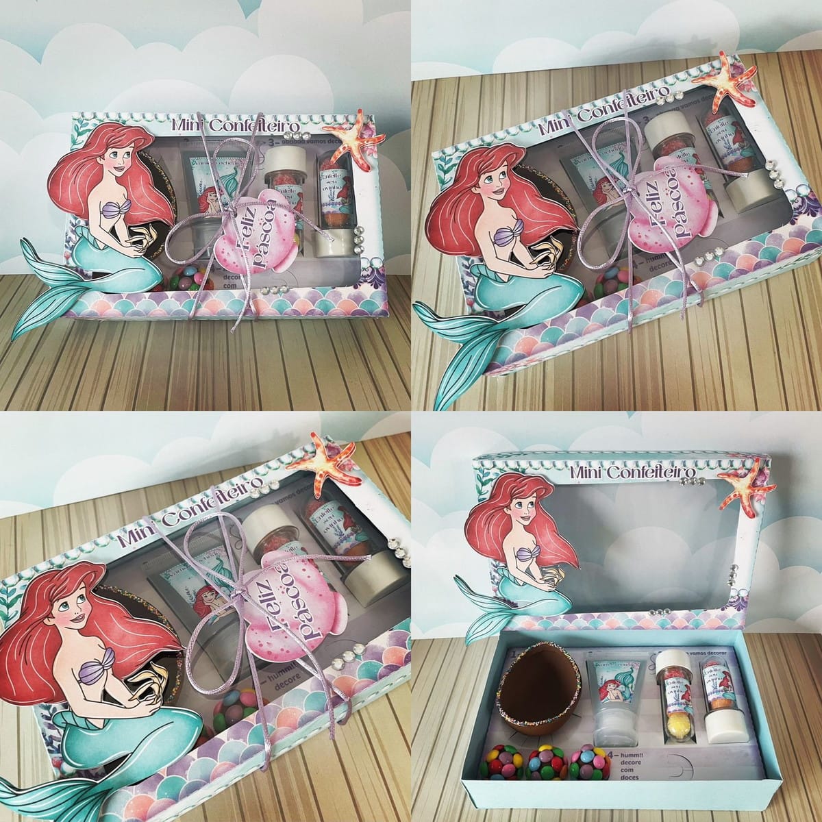 Mini Confeiteiro Ariel Arquivo Digital para Imprimir 2 Quatro imagens mostrando uma caixa decorada com tema de sereia e doces.